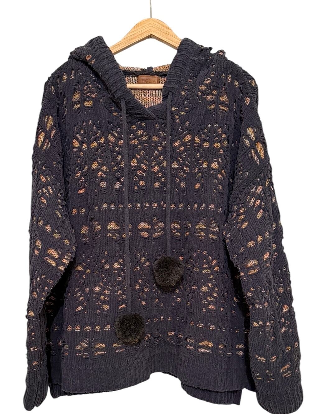 POL Anthropologie Navy Open Knit Hooded Sweater Pom Pom Boho Chunky Medium